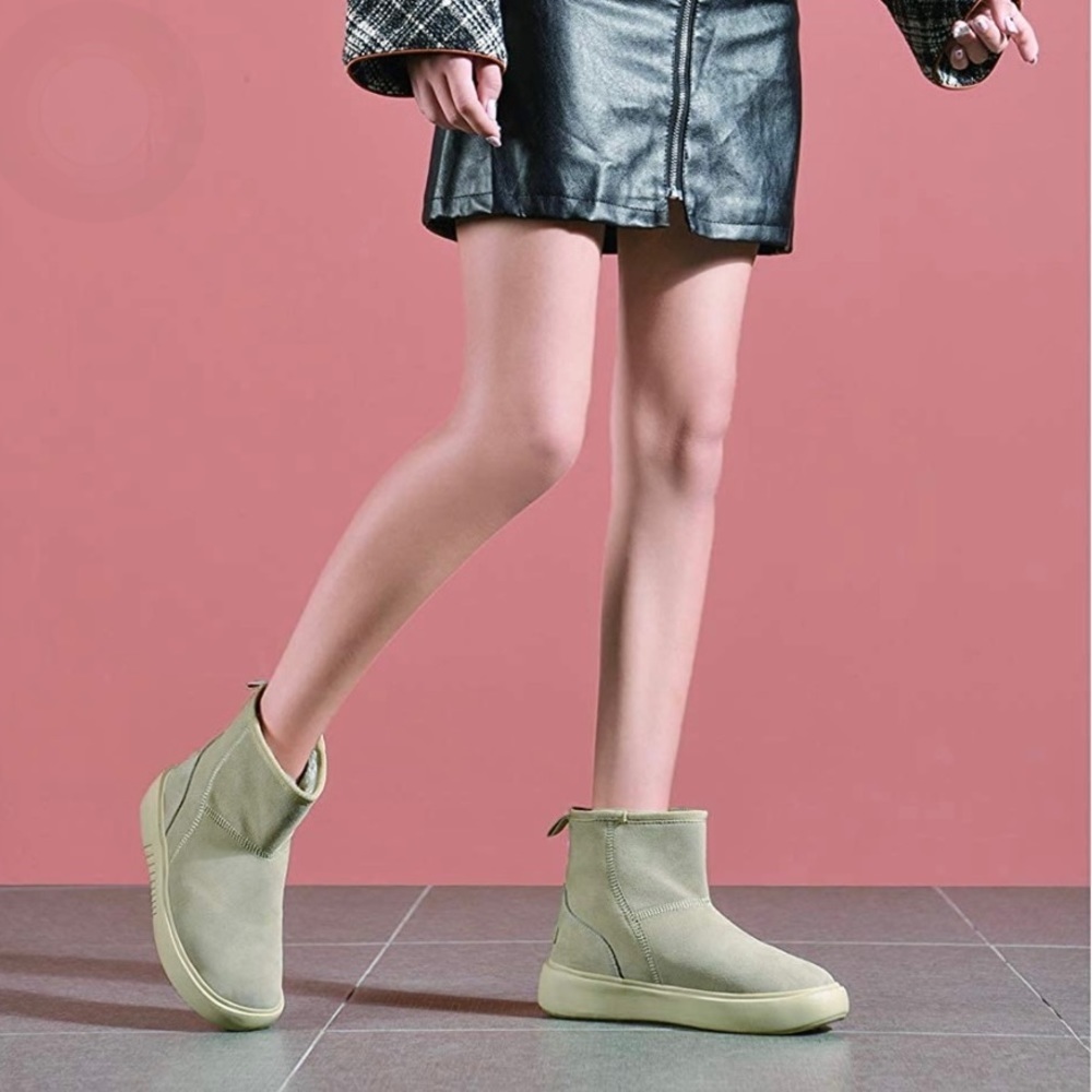 New Womens Winter Fur Lined Suede Ankle Snow Boots Beige - Picture 6 of 7